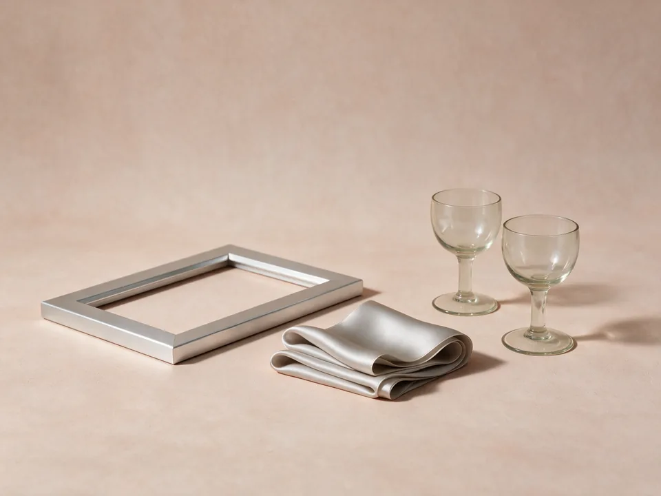 A silver photo frame beside a folded ribbon and two glasses