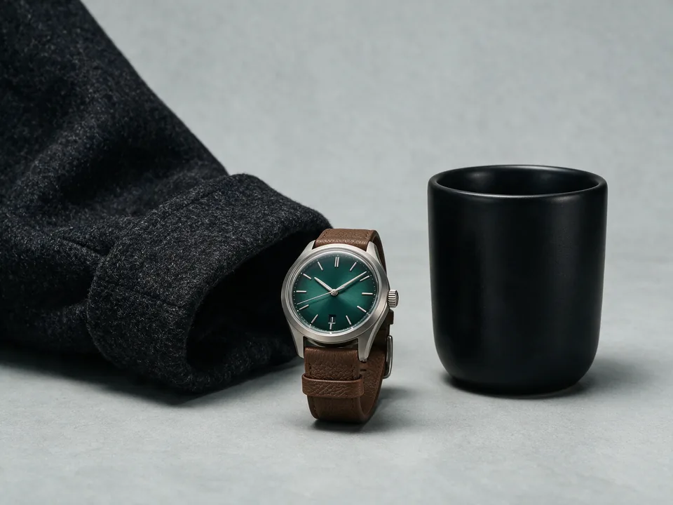A mechanical watch, a folded wool coat and a heavy tumbler