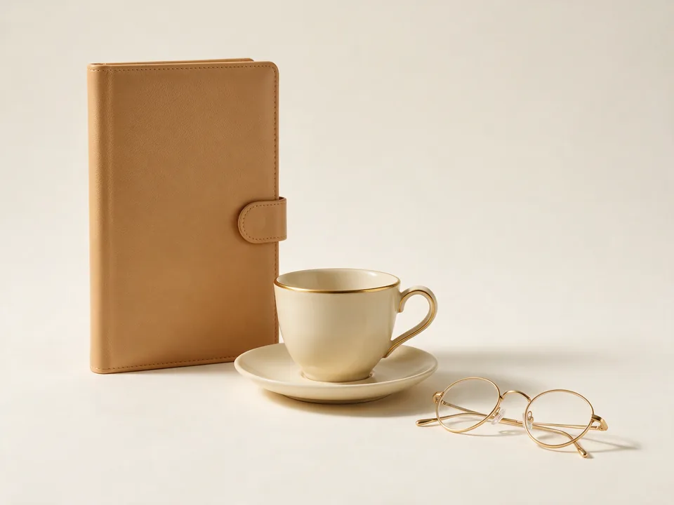 A gold rimmed teacup, a bound book and reading glasses