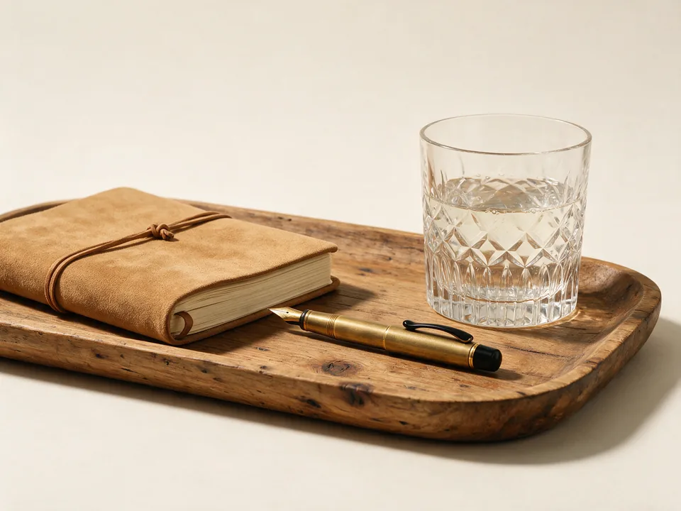 A bound notebook, a fountain pen and a cut glass tumbler