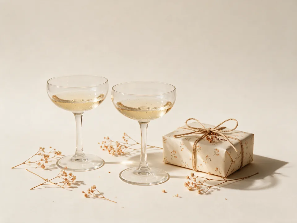 Two champagne coupes beside a small wrapped gift and dried flowers