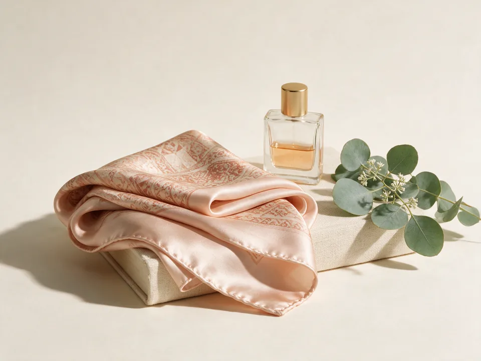 A folded blush silk scarf, a small perfume bottle and a sprig of eucalyptus