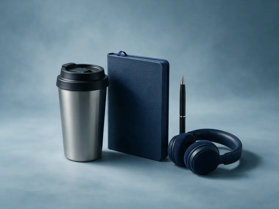 A travel mug, a notebook, a pen and folded headphones