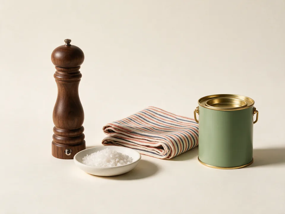 A pepper mill, a dish of salt, a kitchen cloth and olive oil