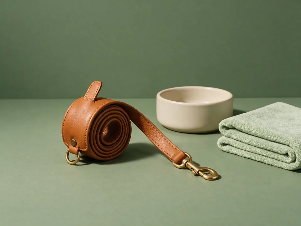 A rolled dog leash, a ceramic bowl and a folded towel