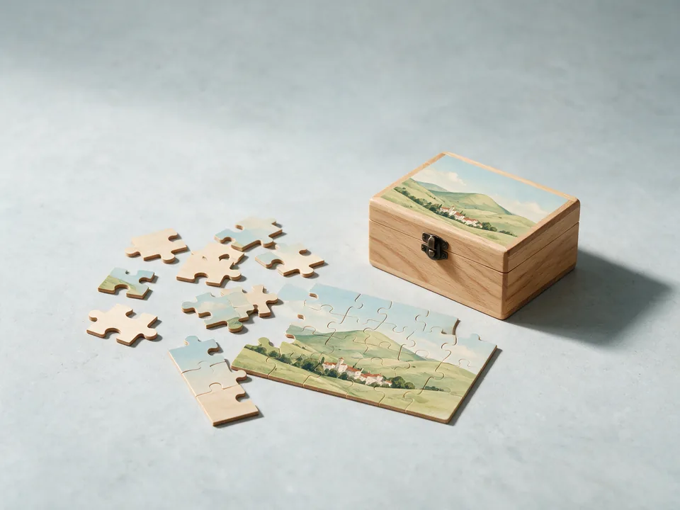 A partly assembled wooden jigsaw beside a wooden puzzle box