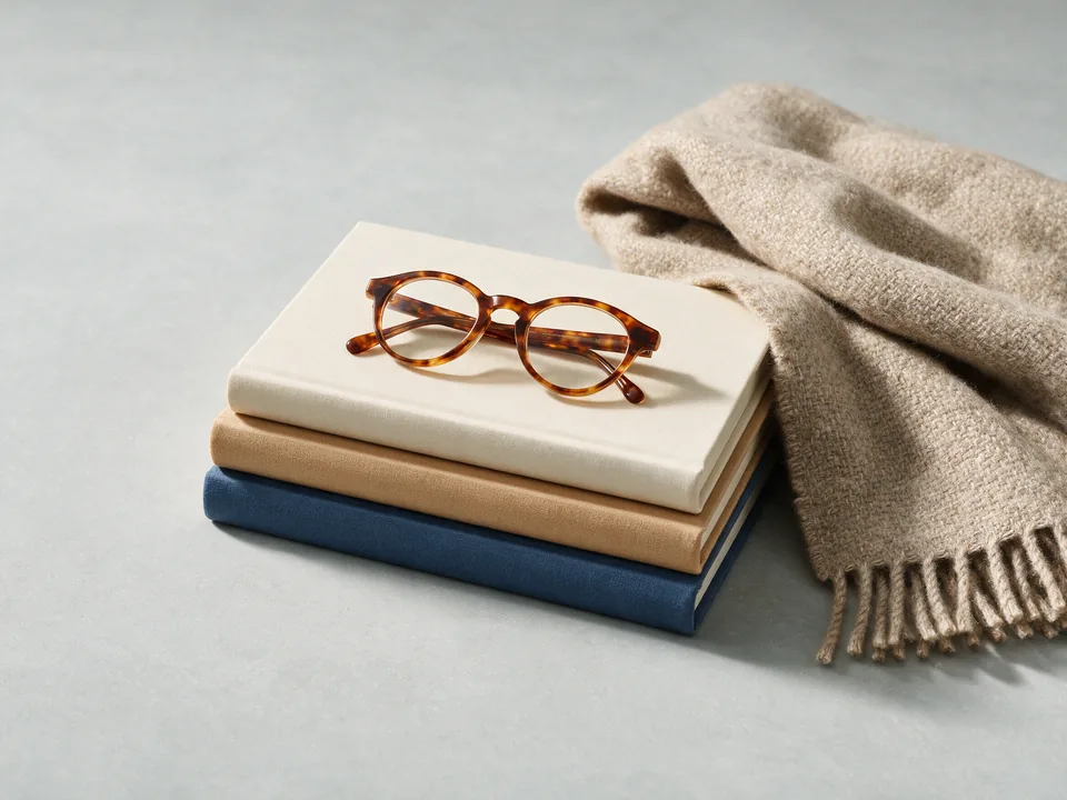 Clothbound books, reading glasses and a folded wool throw