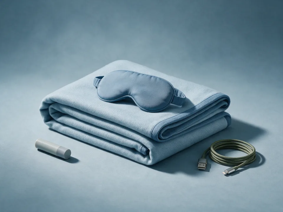 A folded blanket, a sleep mask, a lip balm and a coiled cable