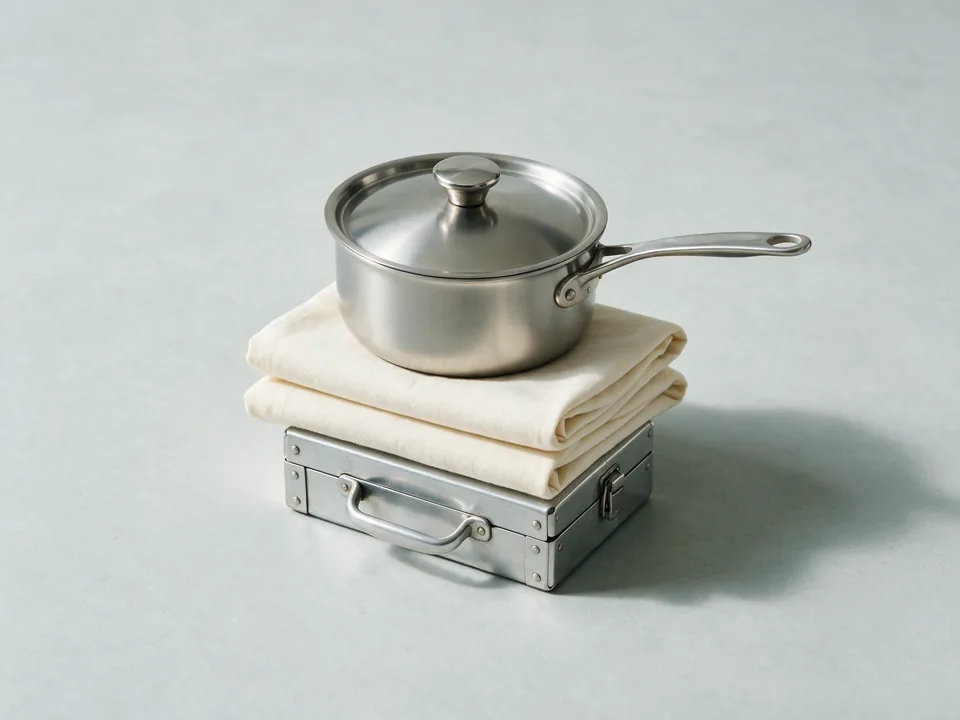 A stainless saucepan, folded sheets and a small toolkit