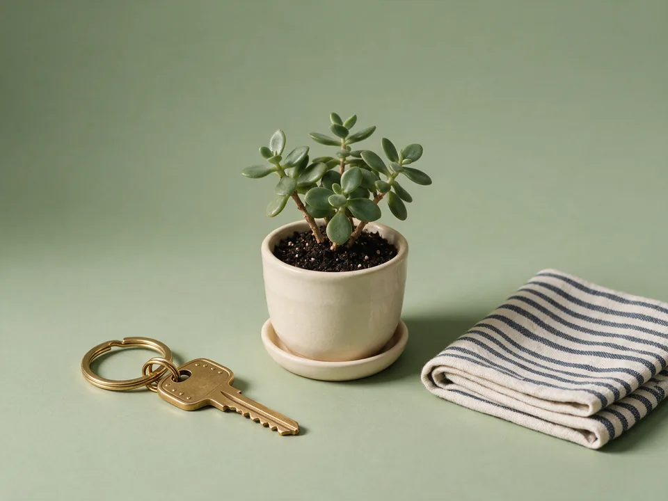 A brass key, a small potted plant and a folded tea towel