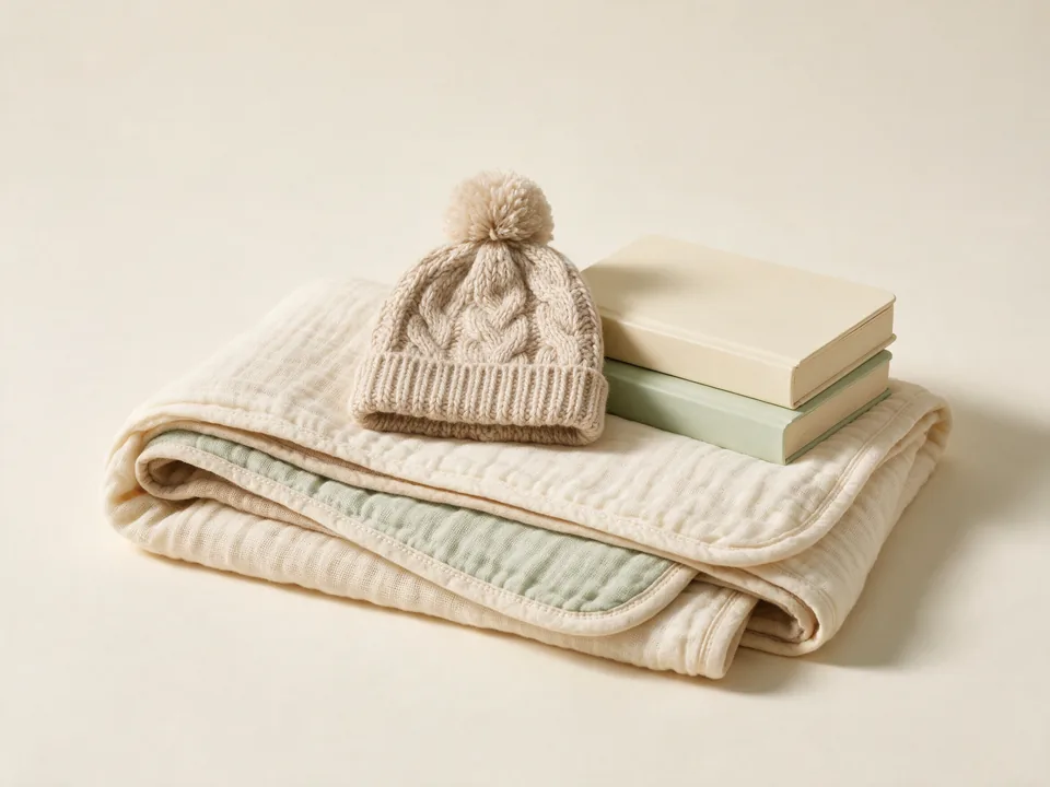 A folded muslin blanket, a knitted hat and two board books in soft neutral tones