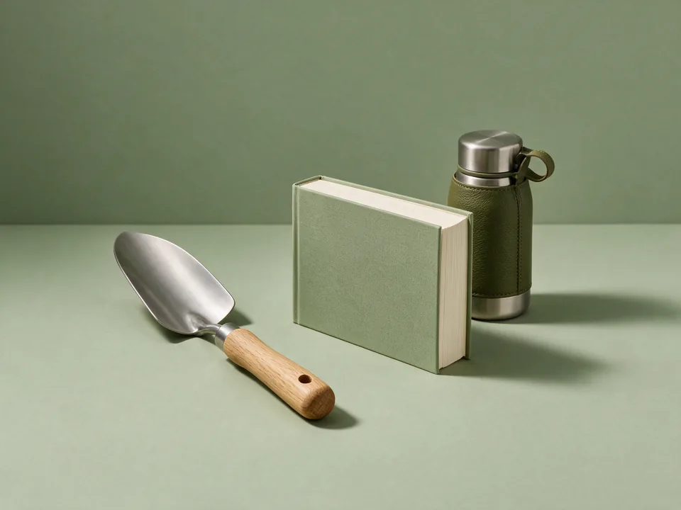 A garden trowel, a hardcover book and a vacuum flask