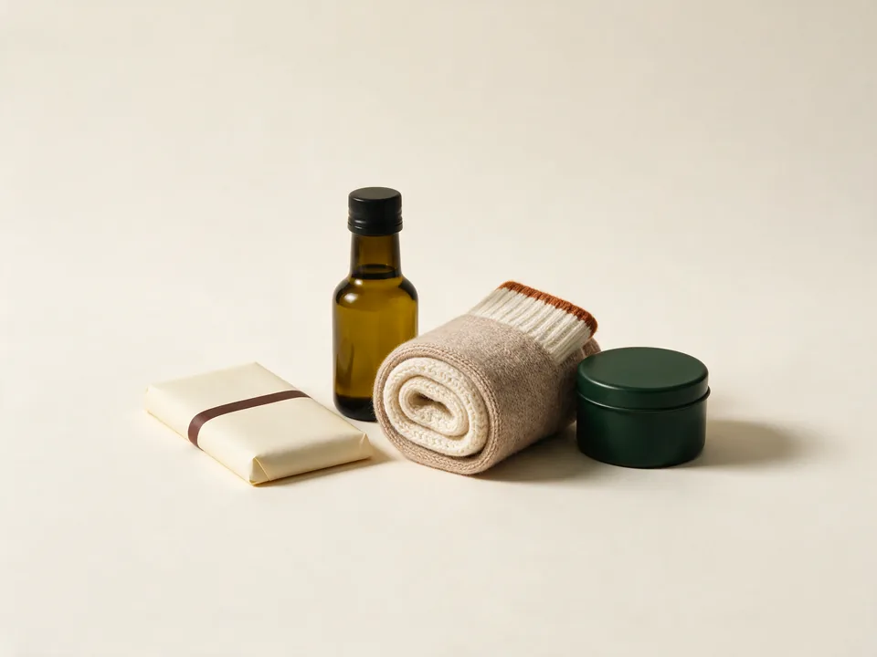 A wrapped chocolate bar, a bottle of olive oil, rolled socks and a tin