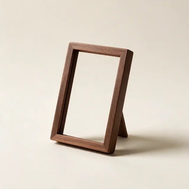 A small walnut picture frame standing empty