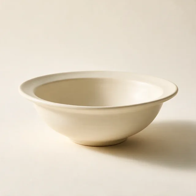 A wide matte cream stoneware serving bowl