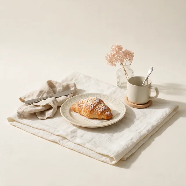 A folded washed linen tablecloth