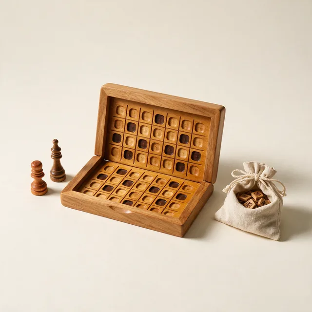 A folded wooden game board with player markers and a bag of tiles