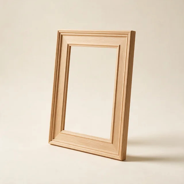 An empty pale oak picture frame standing at an angle