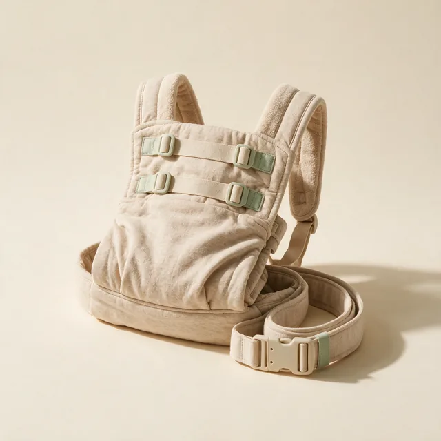 A folded fabric baby carrier with coiled straps