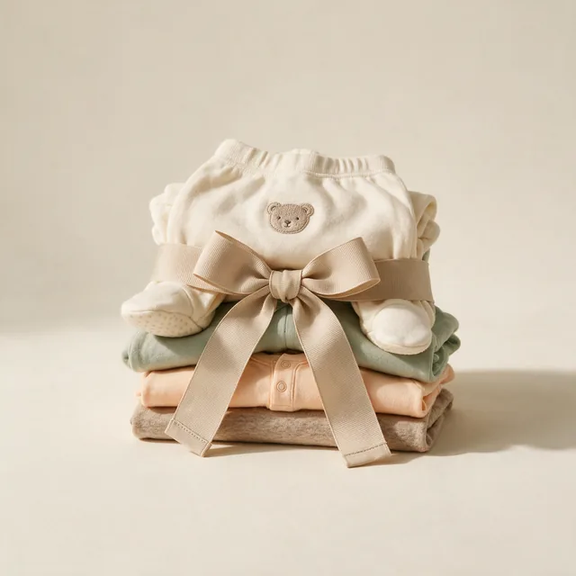 A folded stack of cotton baby clothes in soft neutral tones