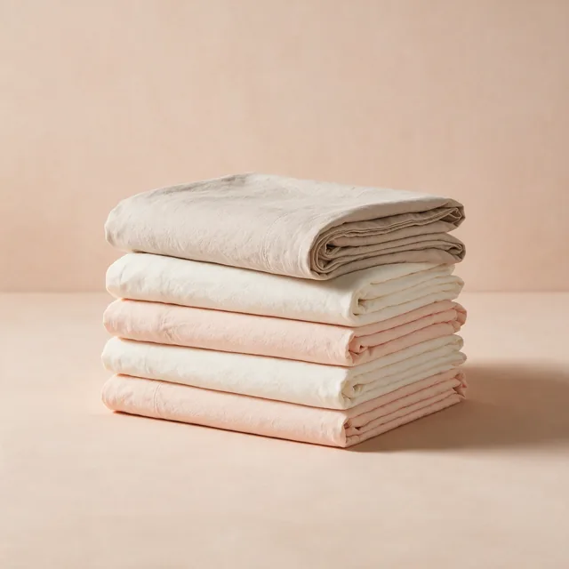 A folded stack of washed cotton bed sheets