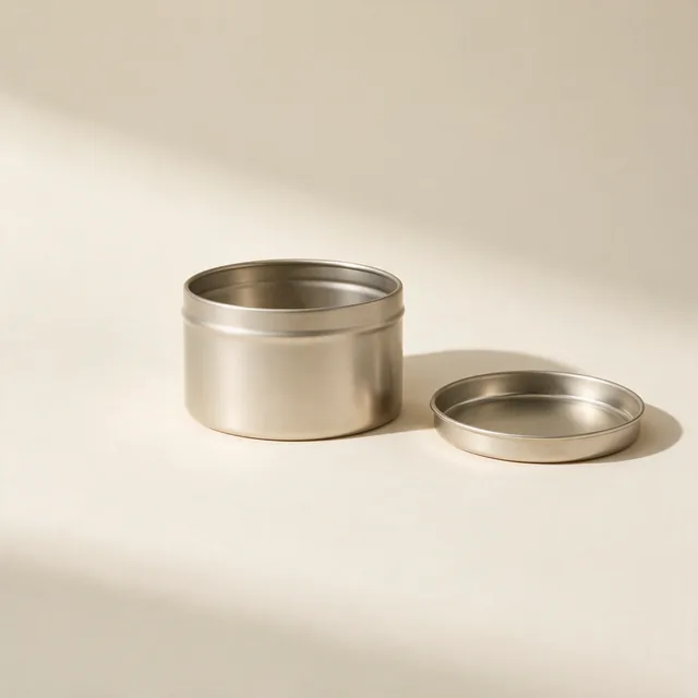 A round plain biscuit tin with its lid alongside
