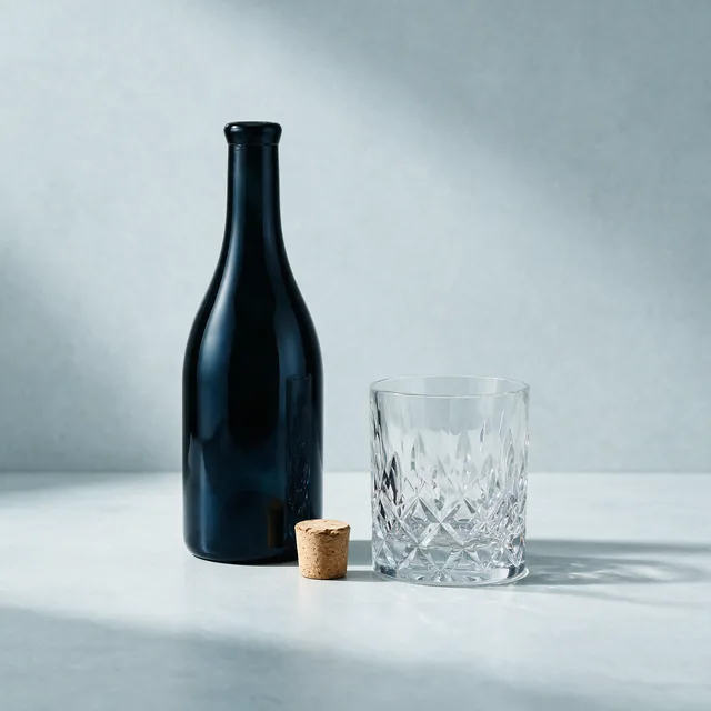 A dark glass bottle with a cork stopper beside a cut glass tumbler