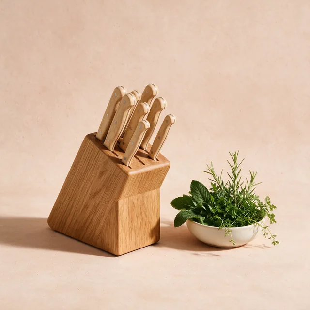 A wooden knife block with herbs beside it