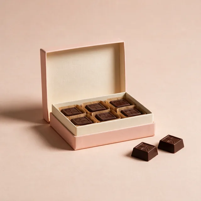 An open box of dark chocolates with two loose squares beside it