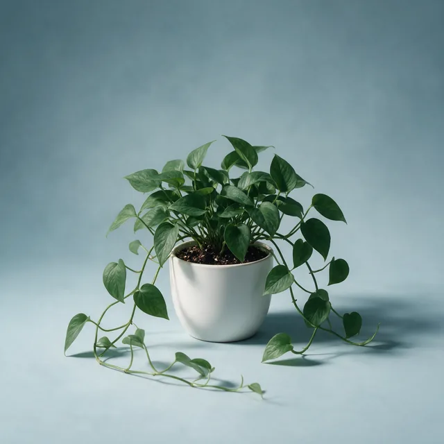 A small trailing pothos in a plain white pot