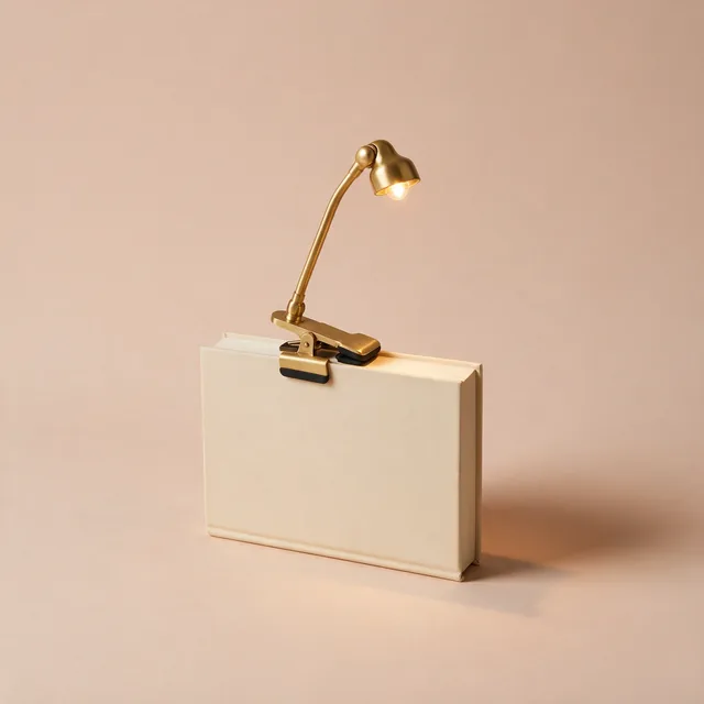 A clip-on reading light attached to a closed hardcover book