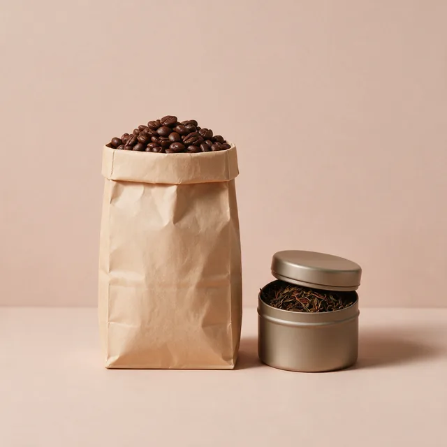 A bag of coffee beans beside a small tin of loose leaf tea