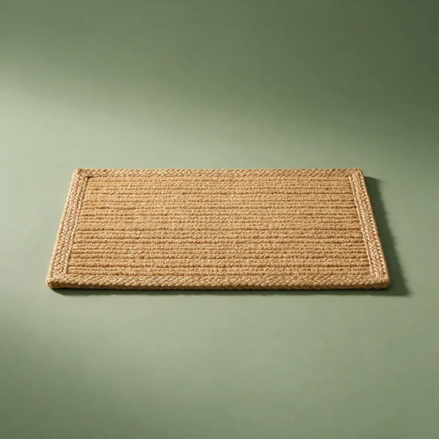 A thick coir doormat with a woven border