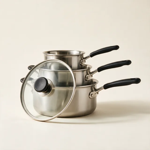 Three stainless steel saucepans with a lid