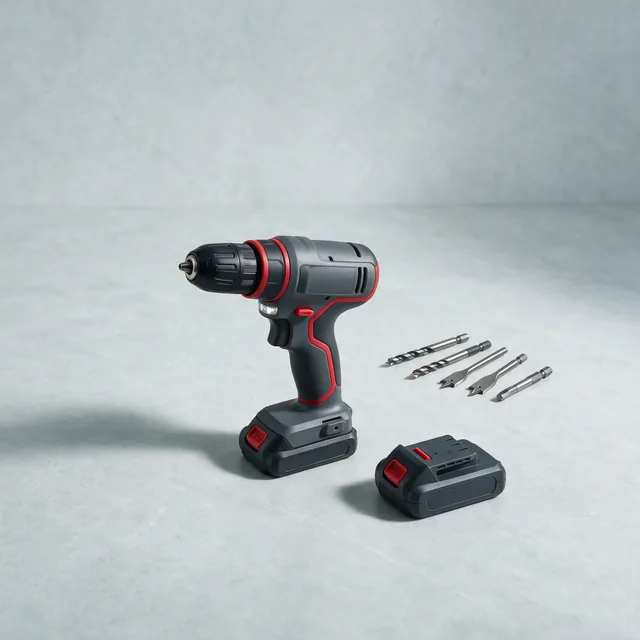 A cordless drill with a spare battery and drill bits