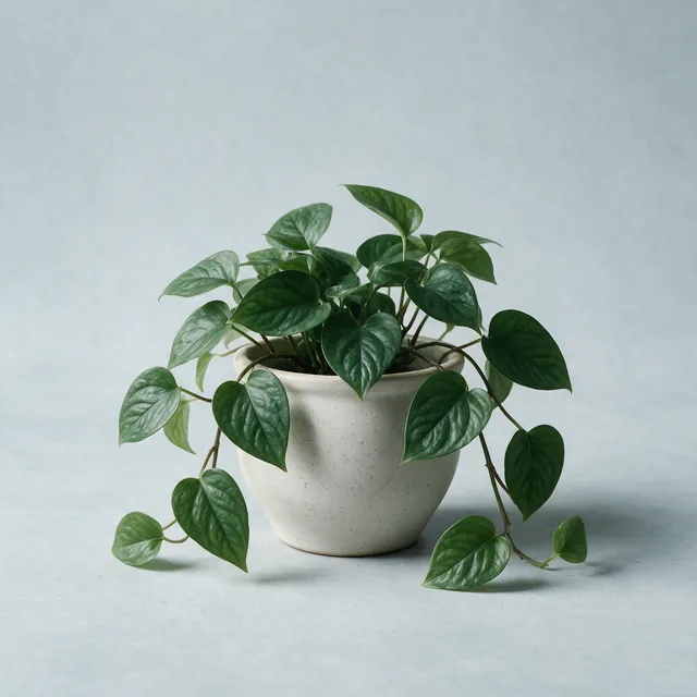 A small pothos plant in a plain ceramic pot
