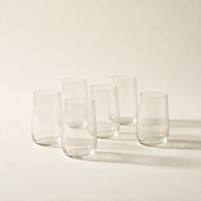 Six matching clear drinking glasses
