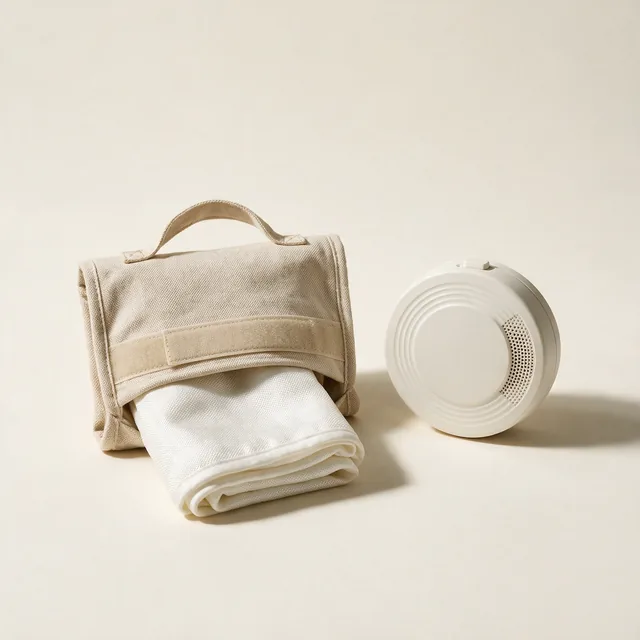 A folded fire blanket beside a round smoke alarm