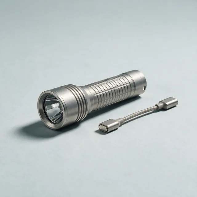 A metal rechargeable flashlight beside its charging lead