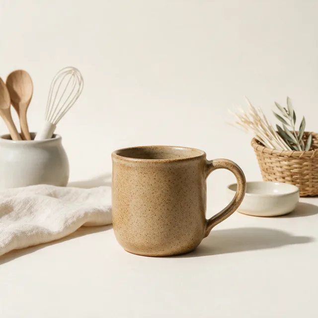 A handmade ceramic mug in a warm speckled glaze