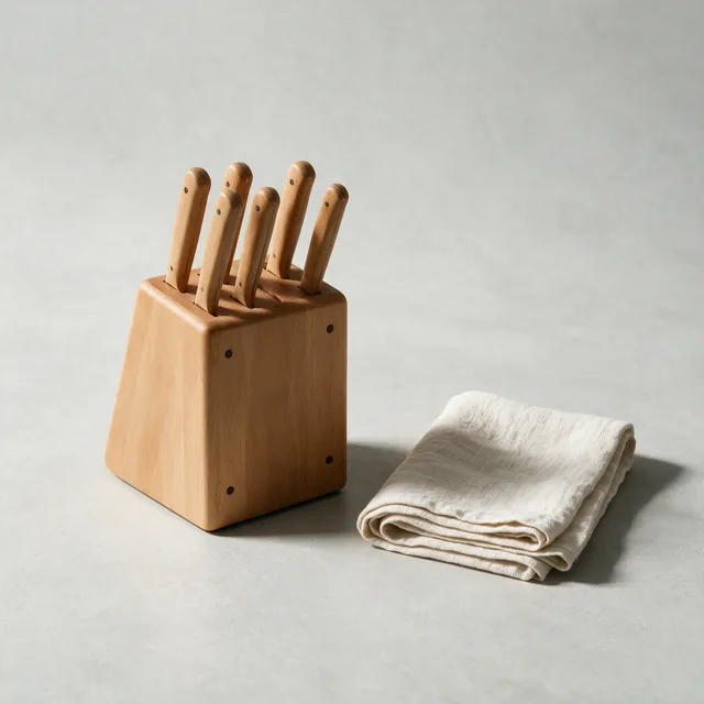 A wooden knife block with the handles showing, beside a linen towel