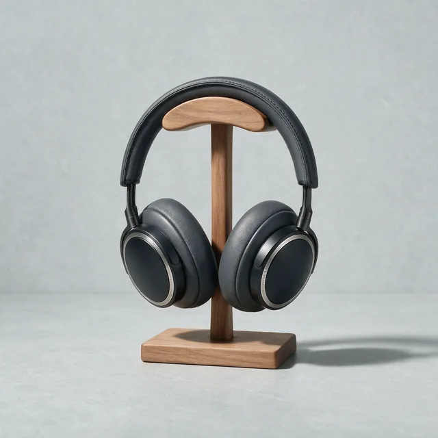 Over-ear headphones in charcoal on a wooden stand