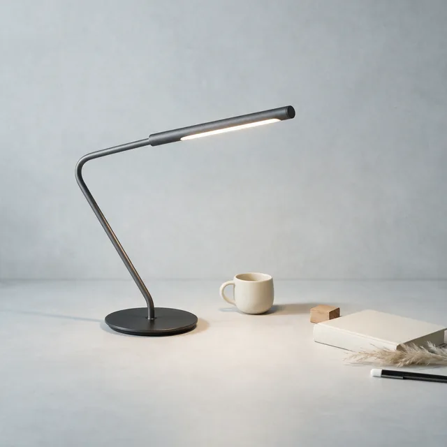 A minimal LED desk lamp with a charcoal arm and slim head