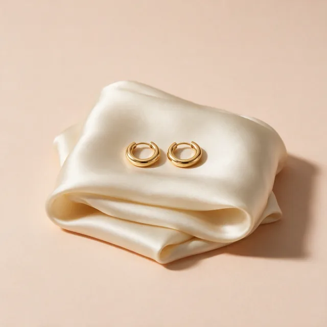 Small solid gold hoop earrings on a folded silk cloth