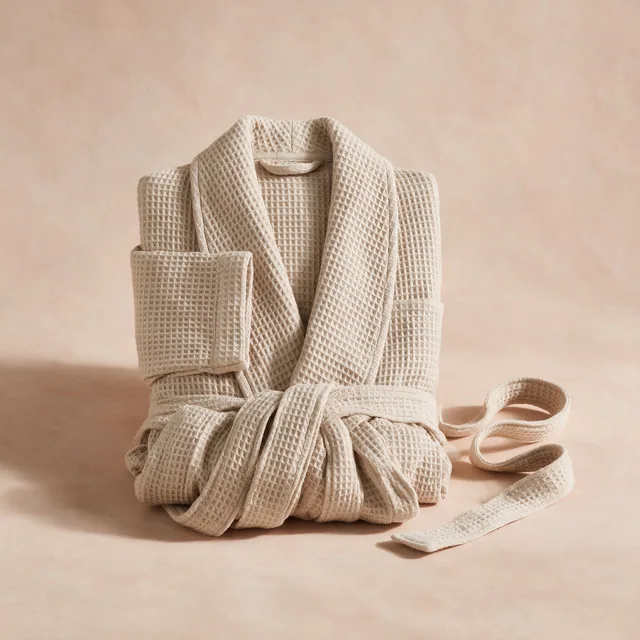A folded waffle-weave bathrobe with its belt coiled beside it