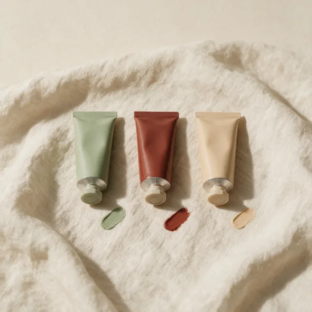 Three unmarked tubes of artist acrylic paint with color swatches
