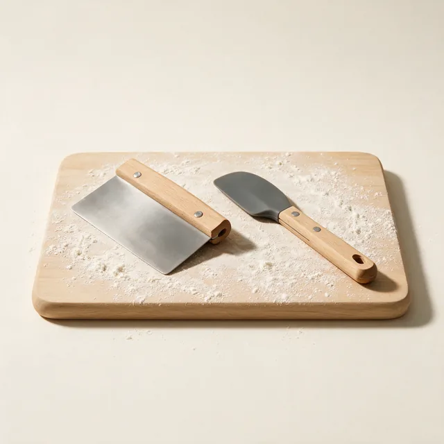 A bench scraper and a bowl scraper on a floured board