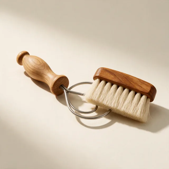 A danish dough whisk beside a soft bench brush