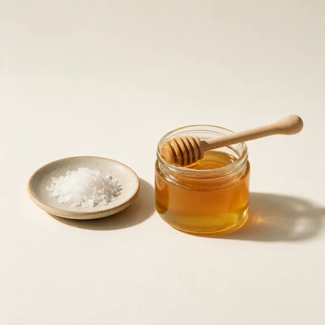 A dish of flaky sea salt beside a jar of honey