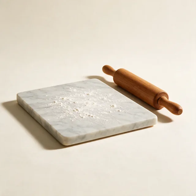 A marble pastry slab with a wooden rolling pin